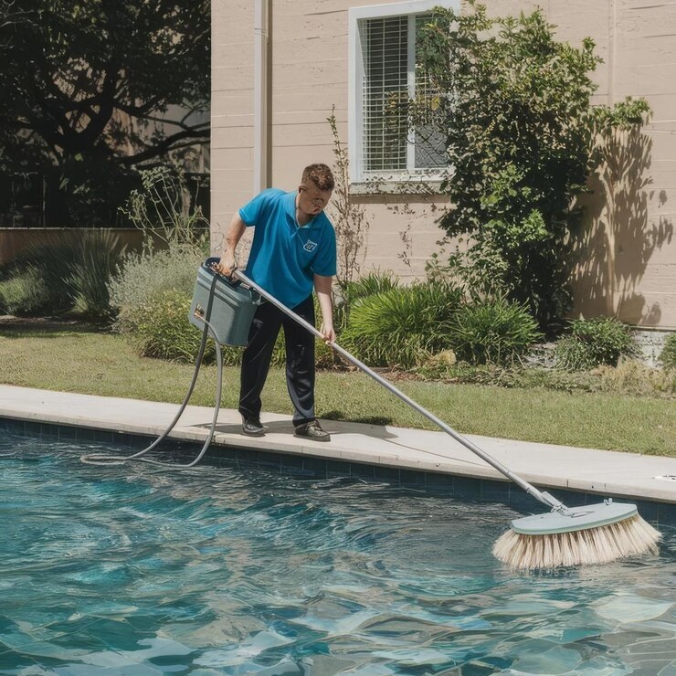cleaner swimming pool man blue shirt with cleaning equipment swimming pools sunny_1356031 14021