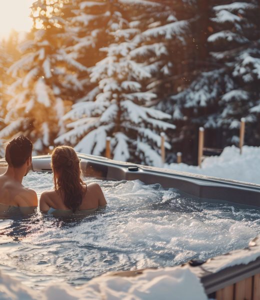 Caucasian couple bathing in a wooden tub in winter